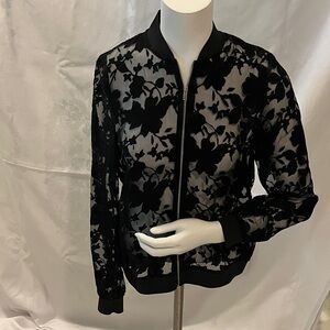 Zara Black Floral Sheer Bomber Jacket